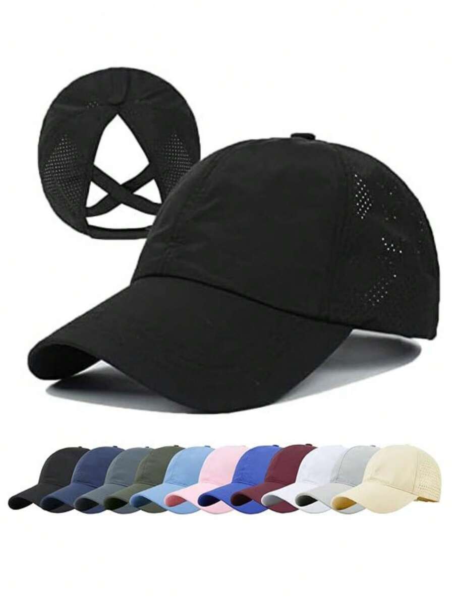 مجموعة قبعة بيسبول ذيل الحصان قابلة للتعديل للنساء، بتصميم شريط متقاطع، سريعة الجفاف، قابلة للتنفس، مناسبة للرياضة والياقة البدنية والجري والتنزه والجولف والصيد، قطعتان