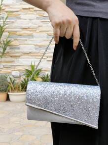 1pc Sparkling Sequined Fabric Ladies Evening Clutch Bag With Metal Decor Strap, Suitable For Wedding, Gala, Nightclub, Party, Birthday Gift, Valentine's Day Gift