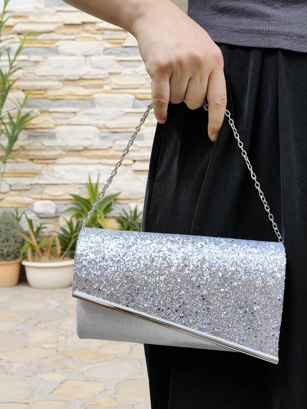 1pc Sparkling Sequined Fabric Ladies Evening Clutch Bag With Metal Decor Strap, Suitable For Wedding, Gala, Nightclub, Party, Birthday Gift, Valentine's Day Gift