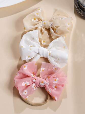 3 stuks babyroze en witte veelkleurige madeliefjesprint mesh haarelastiekjes