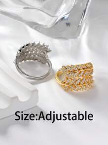 1pc Luxury Cubic Zirconia Leaf Shape Women's Ring,Copper Gold Plated Open End Adjustable Ring,Summer Beach Vacation Fashion Accessories,Elegant Women's Jewelry For Everyday,Holiday,Party,Vacation,Wedding,Valentine's Day Gift.