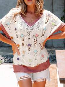 Jersey de vacaciones con borde de bloque de color, bordado de flores y calado, para mujer, de estilo casual de verano - Blanco - Ver 4