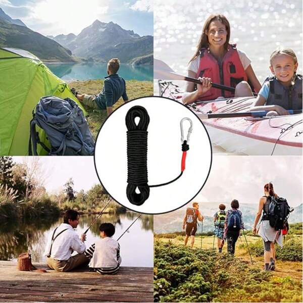 Schwarzer Karabiner geflochtenes Seil, Nylon Seil Vertäuleine Magnetangelseil, geeignet für das Parken von Schlauchbooten, zum Befestigen von Seilen, Wäscheleinen, Ankern, Schleppleinen