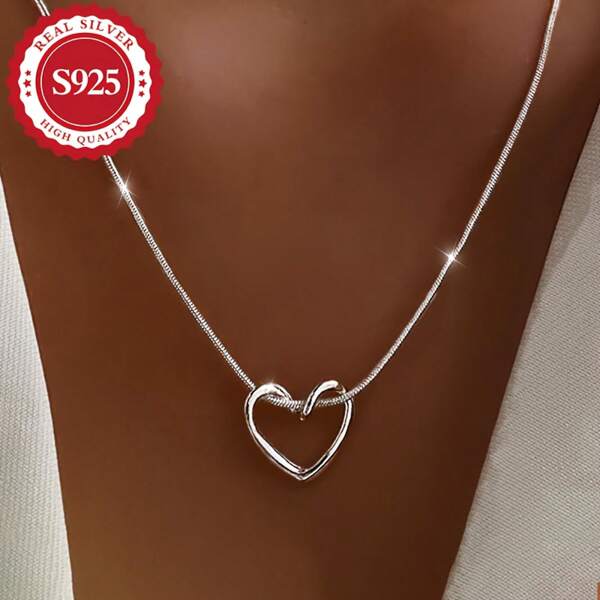 S925 Sterling Silver Heart Pendant Necklace, Ladies, Simple And Luxurious Style, Low Stimulation, Lightweight 3.4G, Collar Bone Chain, Suitable Daily And Party Occasions