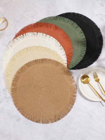 2 件/6 件/8 件套天然编织餐垫，波西米亚风格圆形流苏餐垫 15 英寸，耐热可洗厨房餐桌垫，防滑杯垫，适用于露营、家庭聚会、婚礼派对、节日、晚宴装饰