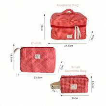 Sac de toilette et de maquillage portable à carreaux rouges de canneberge, sac de rangement en tissu doux pour la maison et les voyages, sac de toilette pour femme, produits de voyage essentiels pour la plage, les vacances, l'école, les fournitures scolaires, les besoins de la chambre universitaire