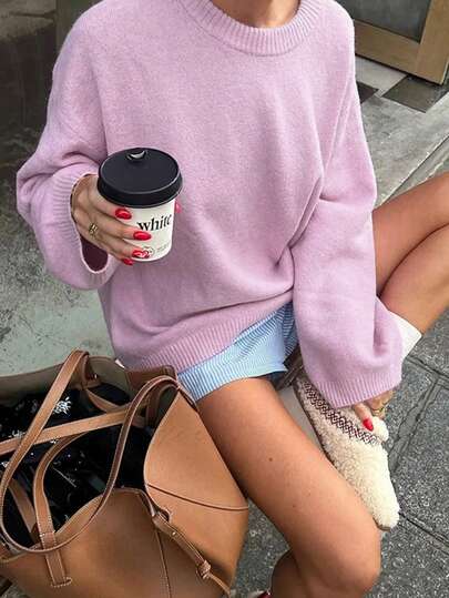 2025 New Arrival Women's Casual Vintage Soft Lilac Purple Sweater, Thick Round Neck Knitted Pullover, Loose Lantern Sleeve Oversized Knit Top, Suitable For Inner Layer