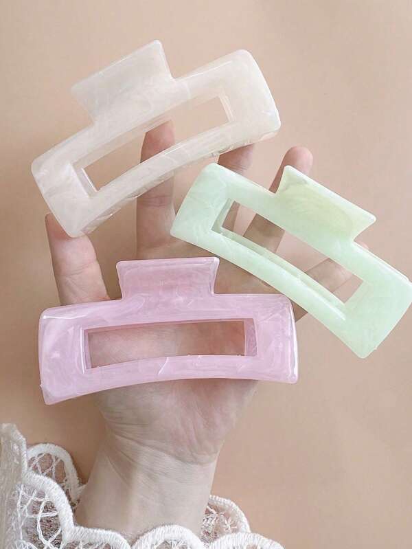 3pcs Marble Texture Crossover Square Jelly Color Hair Claws, Soft & Graceful Look Hair Clips For Women