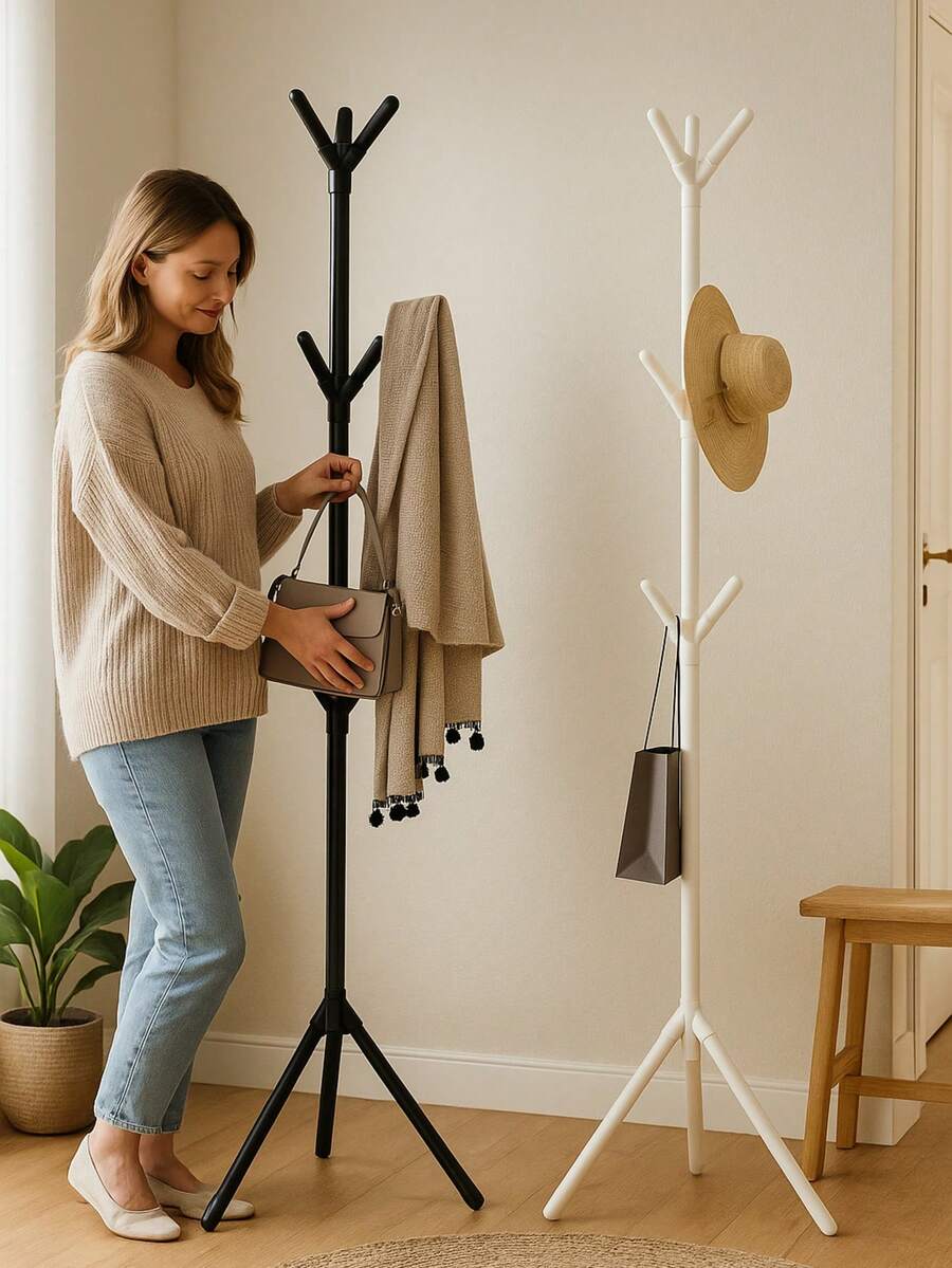 KONTUZ Clothes Organizer Rack With 9 Hooks, Floor Coat Rack, Portable Floor Coat Rack With Unique Design, For Bedroom Or Home Decoration. - 白色 - 查看 1