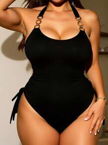 Swim Chiccia Summer Beach Plus Size Solid Color One-Piece Swimsuit With Drawstring