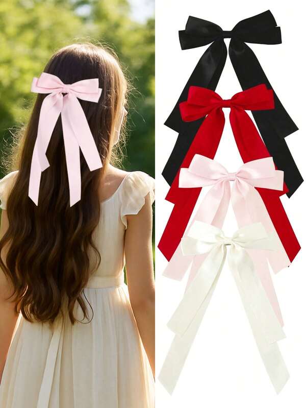 2pcs Girls Fashion Bilayer Bow Hair Clips, Soft Long-Tailed Bow Hairpins, Vintage Metal Hair Clip Silk Headband, Elegant Hair Accessories, Great Gift For Girls Daily Wear Suitable For Many Occasion Summer Holiday Vacation