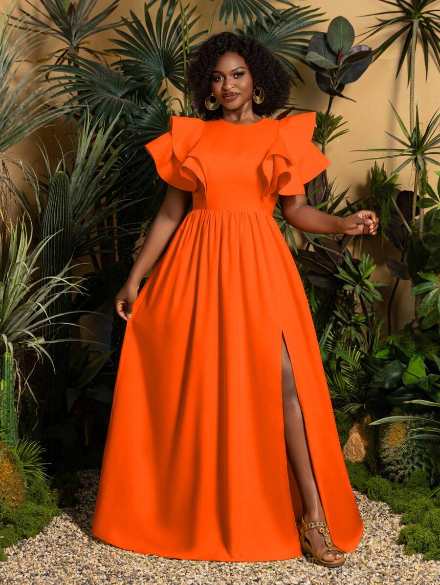 Faeriesty TribalChic Plus Summer Casual Maxi Dress - Fitted Bodice With Short Ruffled Sleeves & Flowing Floor-Length Skirt For Casual Outings, Beach Days, Vacation Travel, Everyday Elegance - Orange - View 1