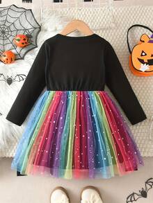 Girls' Halloween Skeleton Print Mesh Casual Dress - Black - View 2