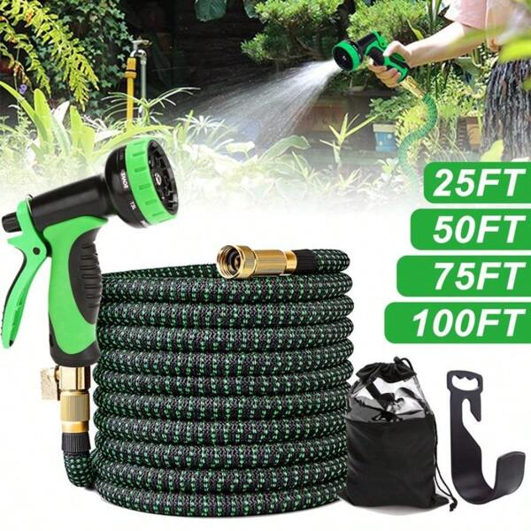 25/50/75/100ft Expandable Garden Hose Kit,Expendable Hose With 10 Functional Spray Nozzles, 3/4 Solid Brass Connectors, Retractable Latex Core - Lightweight Expanding Hose
