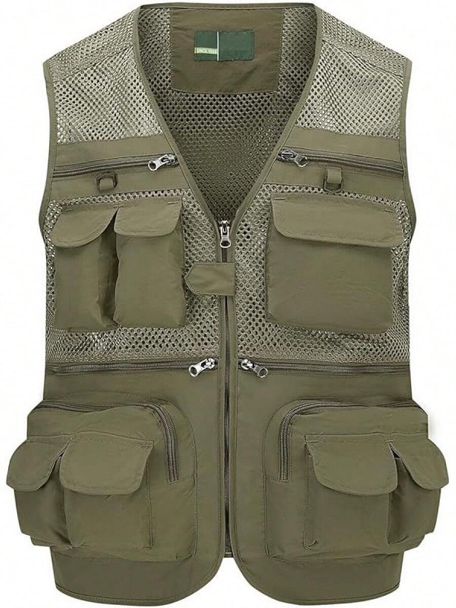 Men's Mesh Breathable Openwork Camouflage Journalist Photographer Fishing Vest Waistcoat CoatChristmas FW4R - Light Khaki - 查看 1