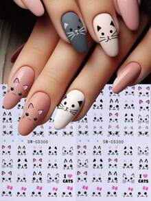 2 hojas de pegatinas de arte de uñas de gato súper lindas, patrón de gato rosa y negro, accesorios de decoración de uñas autoadhesivos, adecuados para mujeres y niñas diseño de uñas DIY - Multicolor - Ver 1