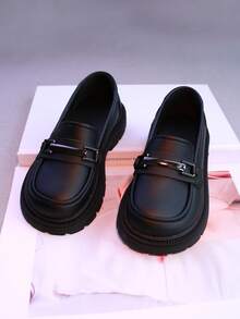 1 双儿童黑色乐福鞋，皮革鞋面软底一脚蹬休闲鞋，适合上学，春秋季 - 黑色 - 查看 5