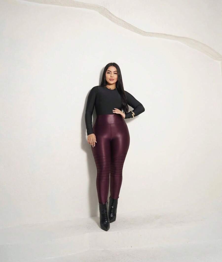 Lorelilo Skinny Legging Riding Pants Cirrê Tractor Thick High Waist - Fake Leather Winter All Sizes - Maroon - View 1