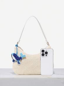 Borsa da donna con design minimalista di balena blu, decorazione da appendere a forma di animale marino, perline, catena a stella marina, borsa estiva, stile vacanziero costiero, borsetta a tracolla con chiusura lampo, ascella, hobo, adatta per uso quotidiano, vacanze, ecc.