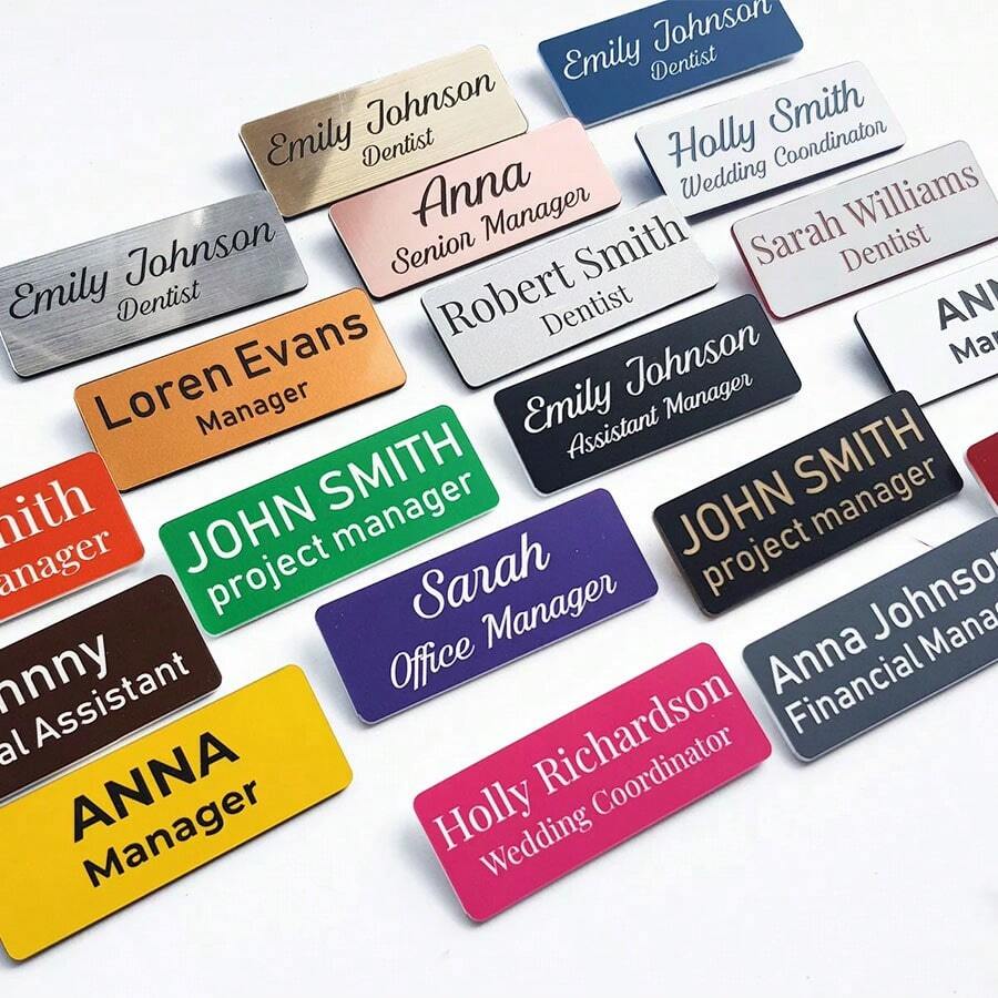 Insignia personalizada con nombre, etiqueta de identificación de personal con pin, diseña tu insignia personalizada, insignia plana personalizada para el trabajo, etiqueta con nombre de oficina para empleados, etiquetas comerciales - Multicolor - Ver 1