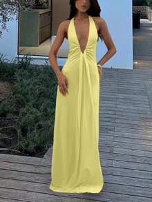 Women's Elegant Deep V-Neck Hollow Pleated Maxi Dress - Halter Neck Fitted Style, Suitable For Christmas Parties, New Year's Eve, Wedding Guests And Formal Occasions - Yellow - View 3