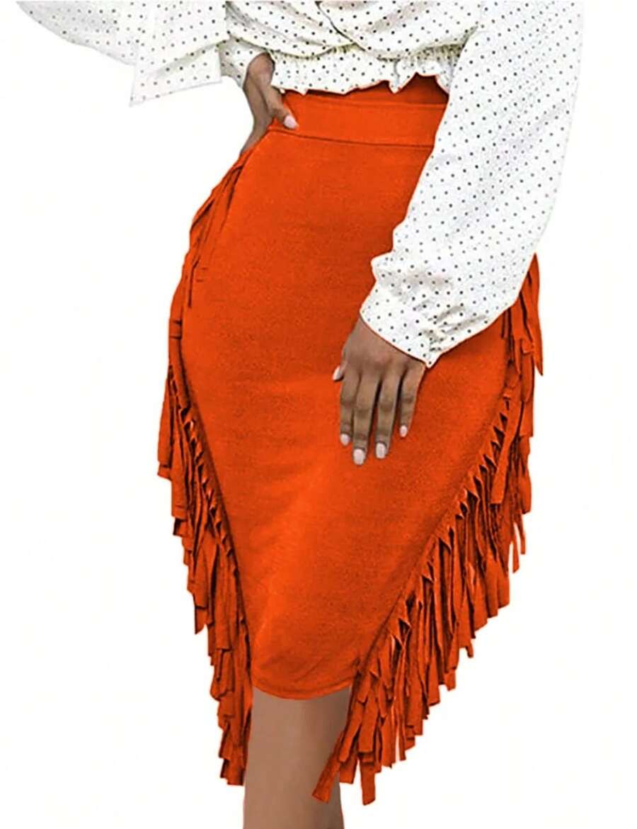 SEBOWEL Cotton Blend Sides Tassel Maxi Skirt Casual Bodycon Skirts Bottom - 橘色 - 查看 1