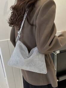 Bolso de mano grande de estilo casual y elegante con detalles metálicos, ideal para el transporte diario en verano, bolso de hombro/axila/mano con estilo - Plateado - Ver 6