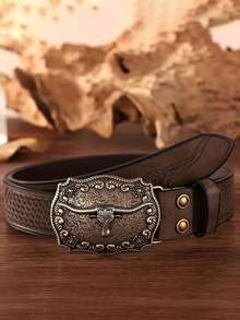 1pc Versatile Western Cowboy Embossed Printed Casual Belt, PU Leather With Rivets, Fashion Bohemian Casual Youth Stylish Waist Belt For All Seasons Casual, Business, Boyfriend Husband Father Dad Men Gift, Daily Wear, Fashion, Teen, Outdoor, Vacation, Athletic, Travel, Street, Boho, Vintage Fall, Autumn, Halloween Autumn-Winter Accessories,Suitable For Teens, Youth,Men,Casual, Outdoor, Athletic, Vacation, Graduation Gifts, Birthday, Daily Wear - 卡其色 - 查看 6