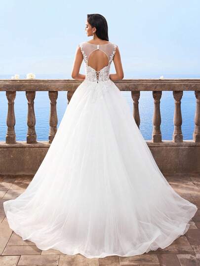 HEARBOBO Elegant Luxurious White Lace Applique Mesh Sleeveless All White Party Outfit Women ,Formal Evening Prom Wedding Dress Bridal With Train