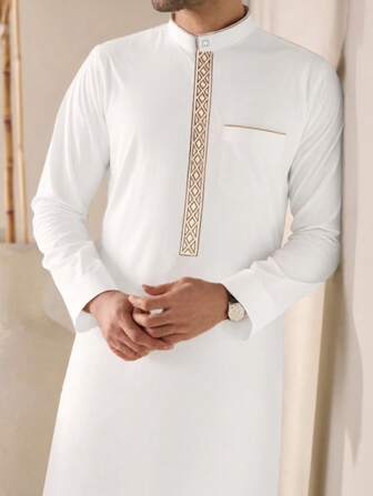 男士中东传统文化长袍立领四季白色长袖长袍阿拉伯传统文化长袍