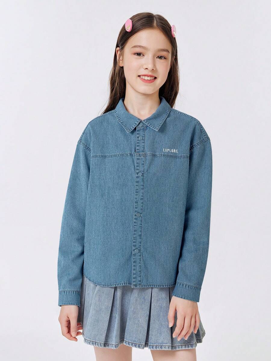Áo sơ mi denim cài nút cho bé gái tuổi teen 2025, mẫu mới thường ngày - Denim màu xanh nhạt - Xem 1