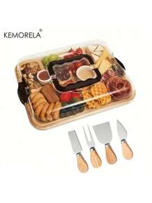 KEMORELA KEMORELA Platou portabil pentru mezeluri din bambus cu capac și mâner – Set complet de platouri pentru brânzeturi cu 4 ustensile din oțel inoxidabil – Design potrivit pentru călătorii, picnicuri, petreceri și cadouri – Tavă elegantă de servire neagră – Perfectă pentru nunți și petreceri de casă nouă