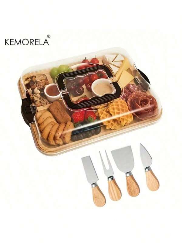 KEMORELA Planche à découper en bambou portable KEMORELA avec couvercle et poignée - Set de planche à fromage complet avec 4 outils en acier inoxydable - Design convivial pour les pique-niques, les fêtes et les cadeaux - Plateau de service élégant noir - Parfait pour les mariages et le pendaison de crémaillère