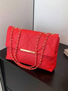 Nuova borsa da donna casual alla moda da pendolare, con motivo ricamato a rombi, cinturino a catena, di grande capacità, a tracolla o a spalla