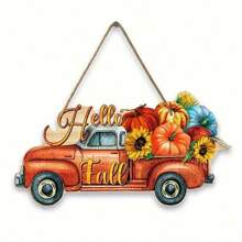 1pc Hello Fall Thanksgiving Day Harvest Sunflower Colored Pumpkin Car Wood 7.87in/20cm Sign Hanging Home Decoration, Tree Outdoor Decoration Pendant For Garden Room Festival Party Supplies Restaurant Festival Party Decoration