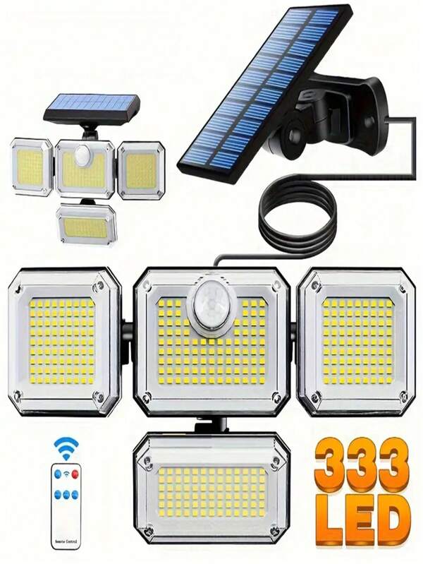 1pc Outdoor Solar Light, 333-LED Solar Motion Sensor Lamp, 4-Head Separable Wall Lamp, Multi-Angle Adjustable Solar Light With Remote Control, Suitable For Garden, Garage, Can Be Used As Fill Light For Photography