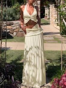 Women Casual Ruched Ruffled Slim Halter Crop Top&Skirt Spring Summer Party Vacation Night Out 2 Pieces Sets - Apricot - View 6