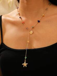 1pc Elegant Randomized Colored Stone Chain, Starfish Shell Pendant, Y-Necklace, Women Fashion Jewelry Suitable For Beach Vacation