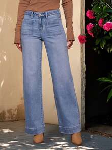 Women Wide Leg Jeans, Elegant High Waist Solid Loose Trousers With Pockets Streetwear - 淺色水洗藍 - 查看 2