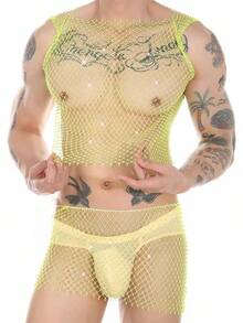 Men's Rave Outfit Sheer Rhinestone Top Sleeveless Tanks Crop Top Fishnet Vest Music Festival Shirthalloween - Green-top - View 3