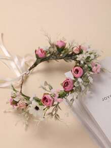 1 pieza Corona de flor de rosa de tela sintética, estilo europeo y estadounidense, para niña, diadema floral fresca y romántica, adecuada para niña de las flores, dama de honor, boda, actuación en el escenario, viaje, resort de playa, regalo