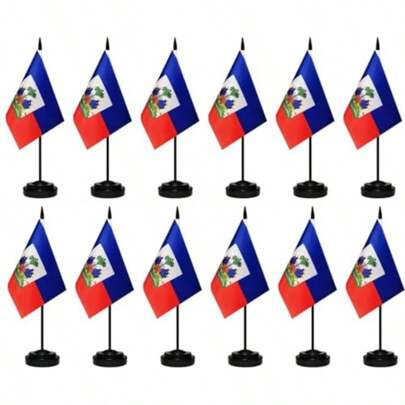 TLL  12 Pack Haiti Desk Flags Set Haitian Small Mini Table Office Miniature Desktop Flag Home Office DecorationTLL
