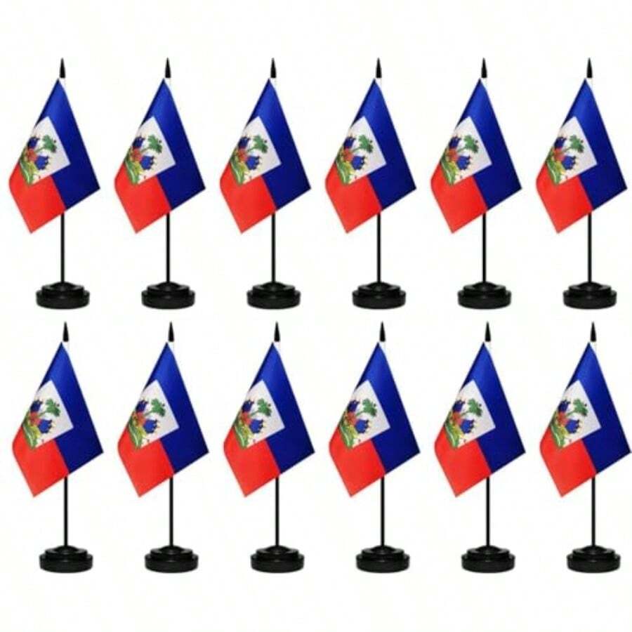 TLL  12 Pack Haiti Desk Flags Set Haitian Small Mini Table Office Miniature Desktop Flag Home Office DecorationTLL