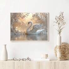 5D 钻石画套装 - 优雅的天鹅和莲花池场景，圆形亚克力钻石，充满活力的墙壁艺术家居装饰，具有闪亮效果，工艺套装含钻石画配件 - 彩色 - 查看 3