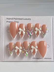 10 件肉色最新设计按压指甲中号法式杏仁假指甲手工 ABS 材料亚克力指甲片 3D 花朵按压指甲用品指甲 - 彩色 - 查看 2