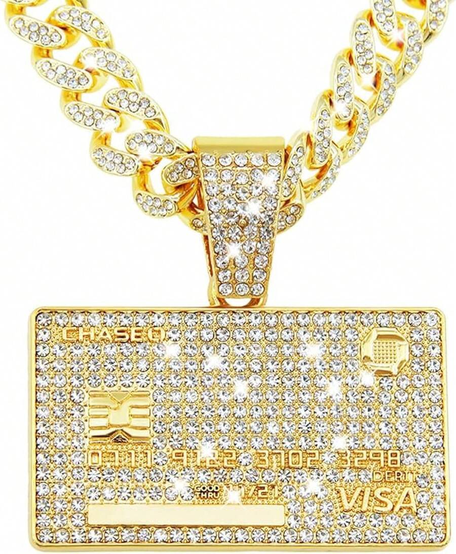 Men's Shiny Cuban Chain Necklace, Miami Style Silver Plated Gold Plated Shiny Necklace, Hop Necklace - 信用卡-金色 - 查看 1