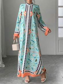 1 pezzo Abito lungo da donna con stampa floreale a blocchi di colore, collo alto, zip sulla schiena, maniche a sbuffo, abito casual comodo e lungo, elegante stile arabo, abito da sera di lusso per l'autunno/inverno - Verde - Visualizzare 1