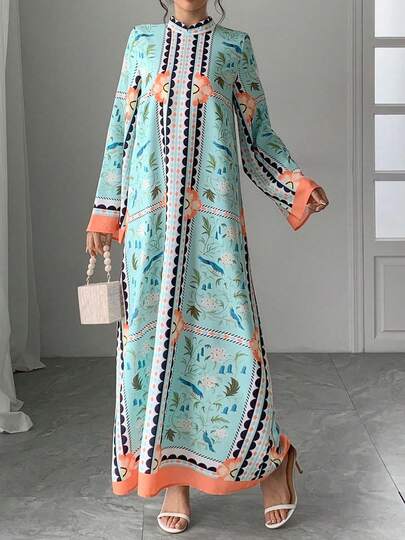 1 件女式拼色花卉印花立领后拉链喇叭袖长裙，舒适休闲长裙，优雅阿拉伯风格连衣裙，秋冬奢华晚礼服