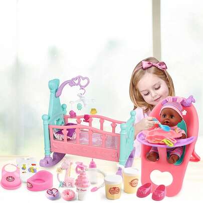 12"Baby Doll Role Play Set With Miniature Baby Crib High Chair