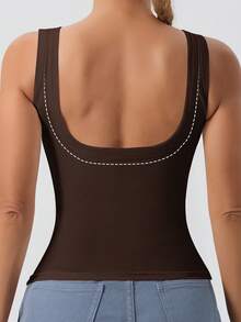1pc Deep Brown Casual Racerback Camisole Top With Removable Pads, Slim Fit For Layering Or Outerwear - Chocolate Brown - View 3